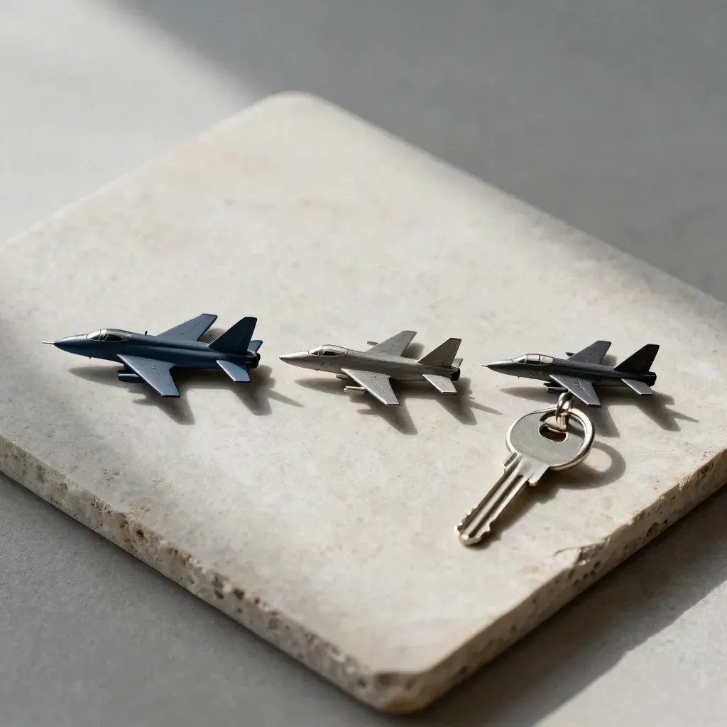 Aircraft silhouettes, route token and key ring on stone in a clean fleet intake still life