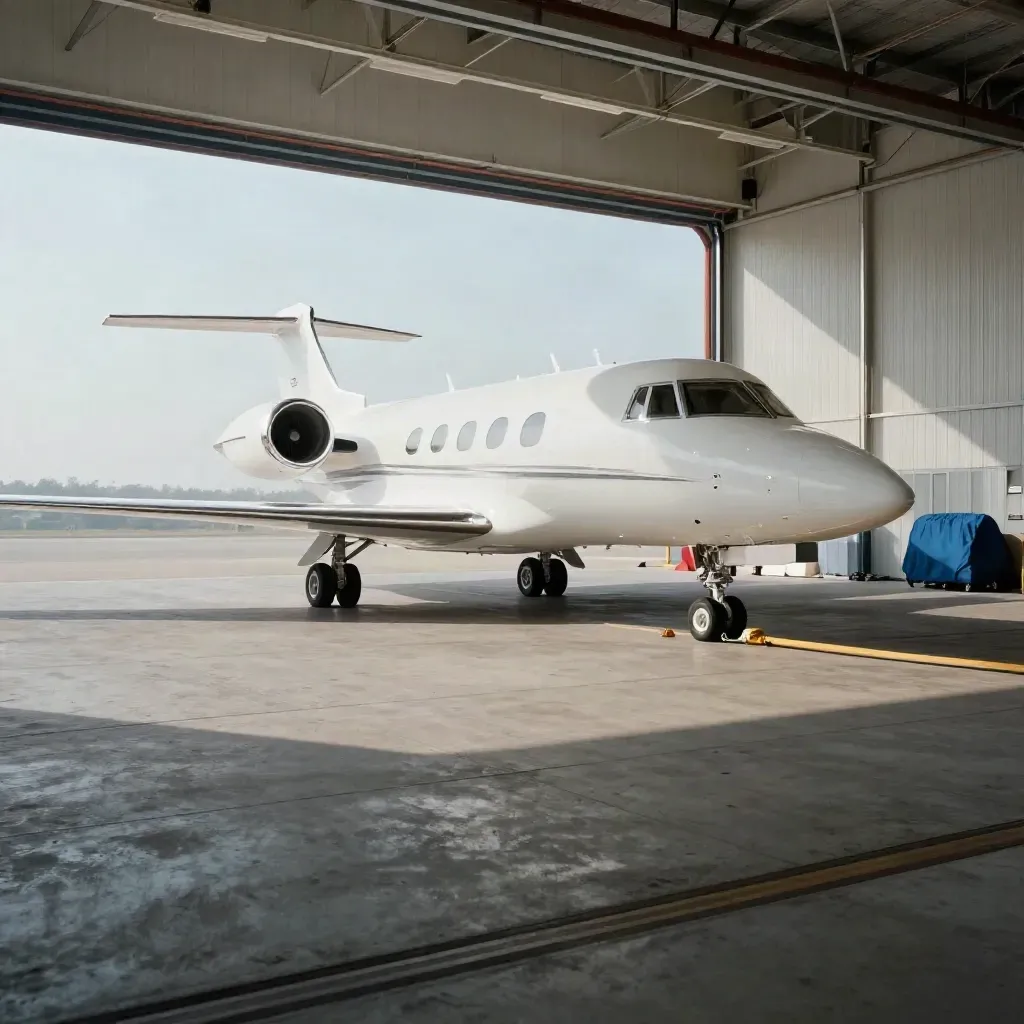 Business jet in an immaculate hangar, towbar and chocks beside it, dust glowing in soft overhead light.