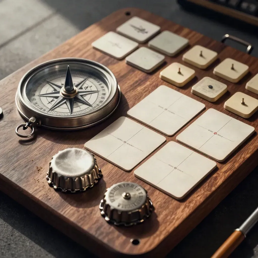 Top-down macro of flight-planning tools on walnut, with compass rose disc, fuel cap, and weather markers.