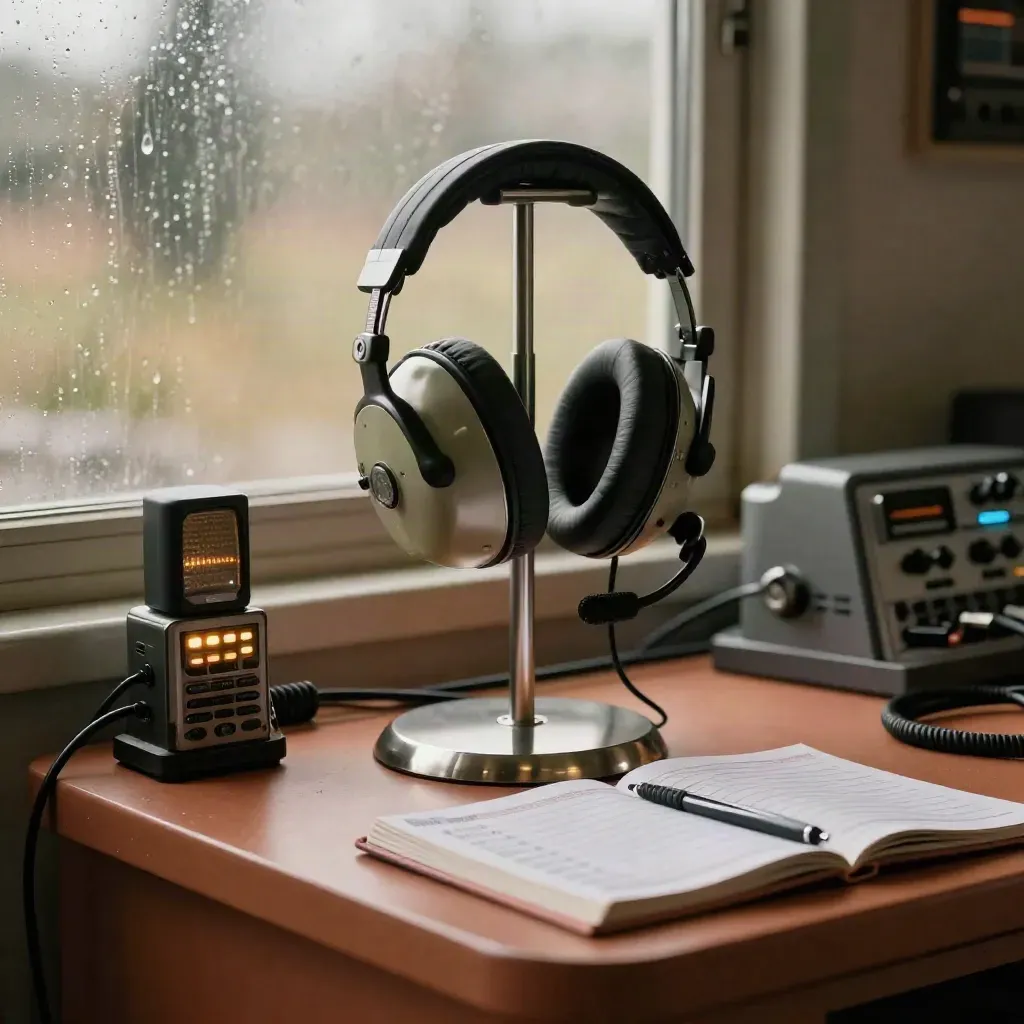 Headset, radio stack, and beacon in a moody dispatch corner overlooking the ramp.