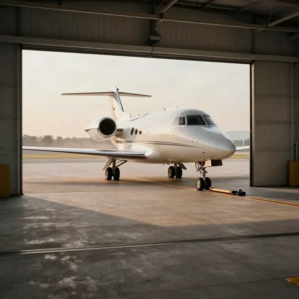 Single business jet in an open hangar, warm light, cleared concrete pad, towbar stored nearby.