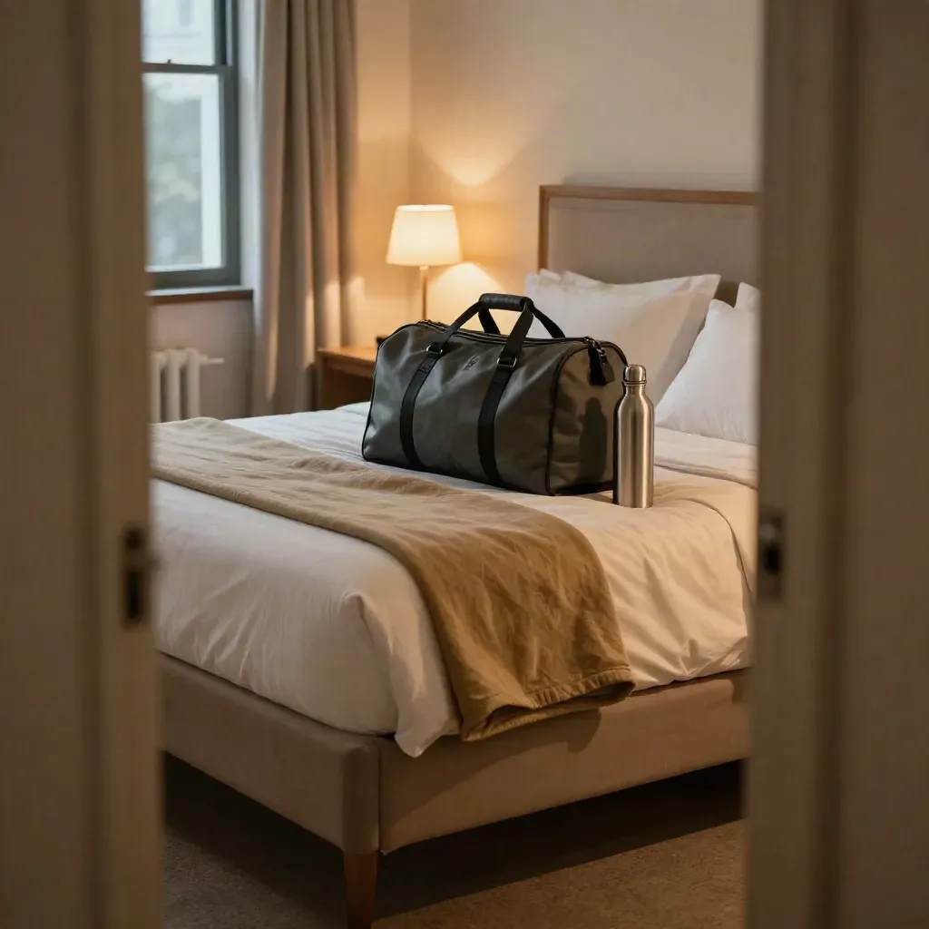 Crew rest room corner with made bed, overnight bag, water bottle, and warm lamp glow.