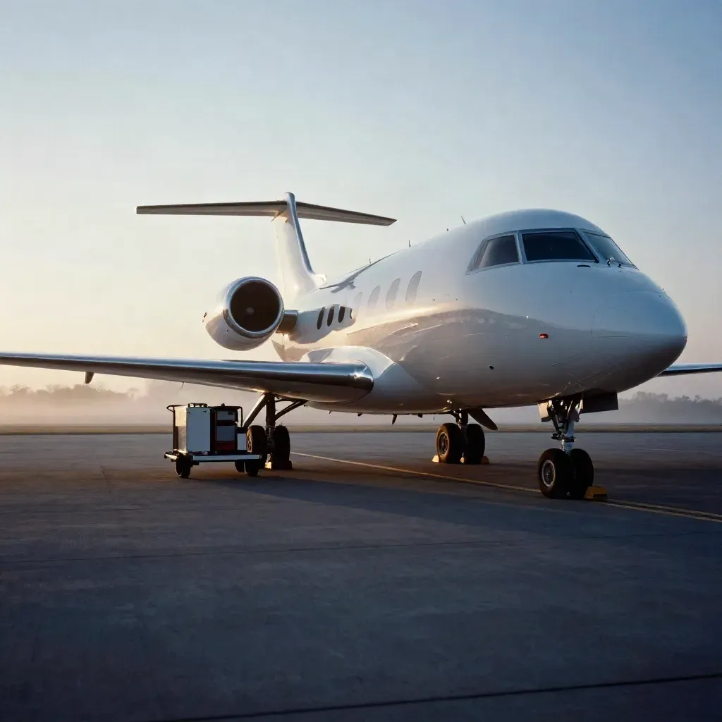 Fuel-ready jet at dawn with service cart and hazy runway route
