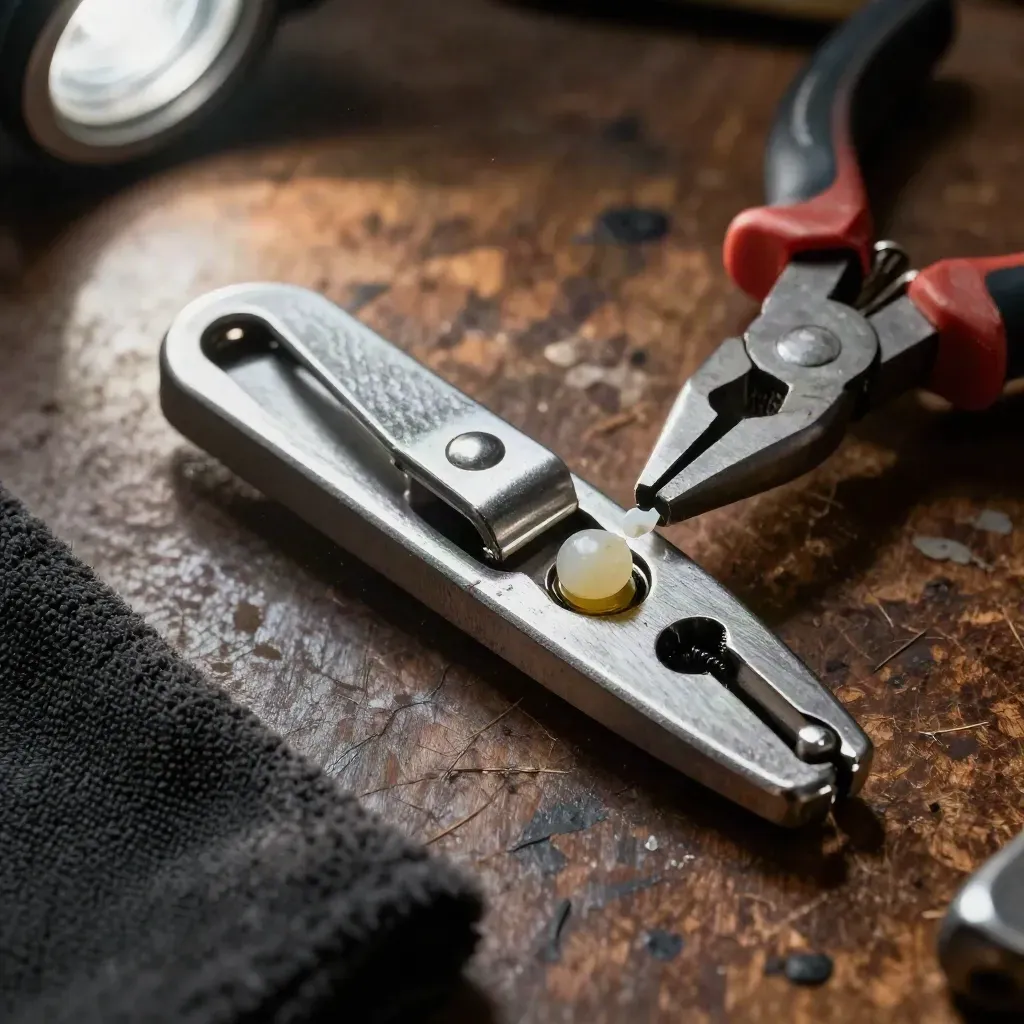 Aluminium cowl latch, safety wire pliers, torque seal and a greasy rag on a hangar workbench