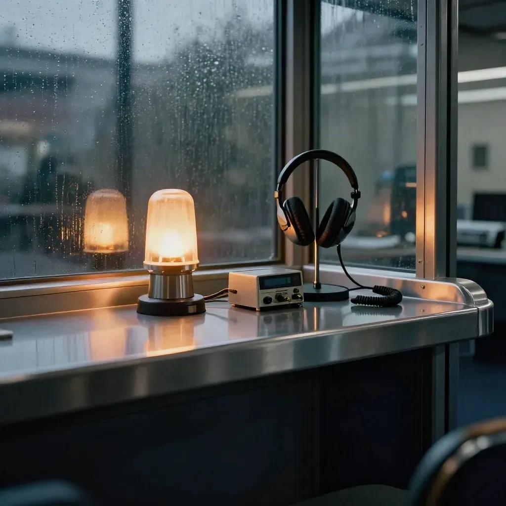 Glowing dispatch nook with headset stand, radio unit, and runway lights beyond glass.