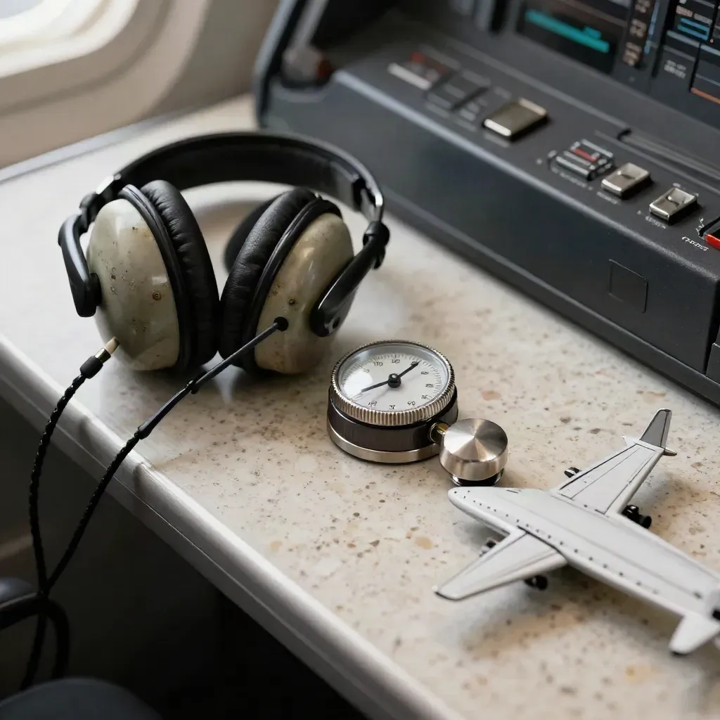 Macro of flight-ops tools: headset earpiece, weather dial, metal toggle and model wing on travertine.