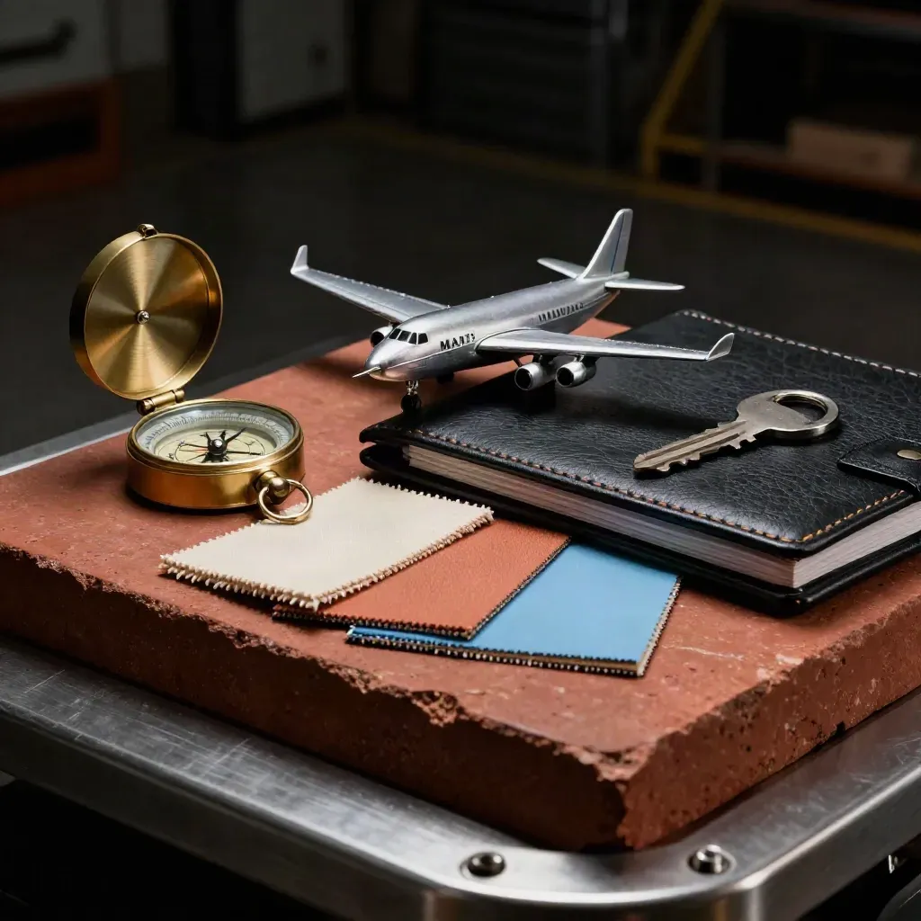 Brass compass, aircraft model, finish swatches and a black folio on a terracotta stone plinth.