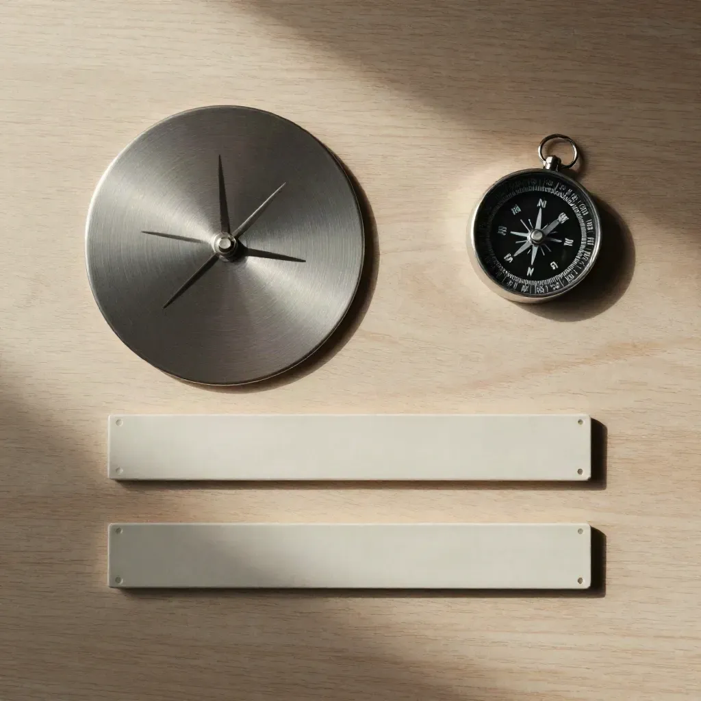 Overhead aviation planning flatlay with wind-rose disc, compass, fuel cap, and blank route markers.