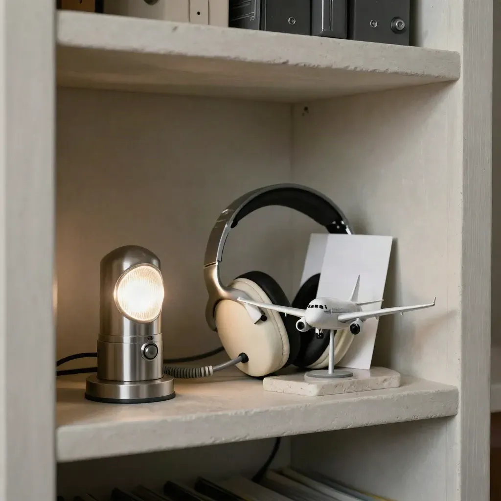 Dispatch shelf with glowing lamp, radio cable, headset cradle, and small aircraft model.