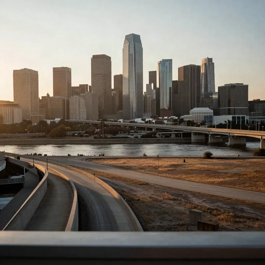Dallas skyline over a hazy riverfront with freeway lines and open copy space