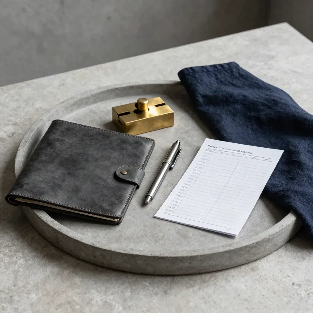 Leather folio, brass paperweight, penlight, and folded card on stone with navy cloth.