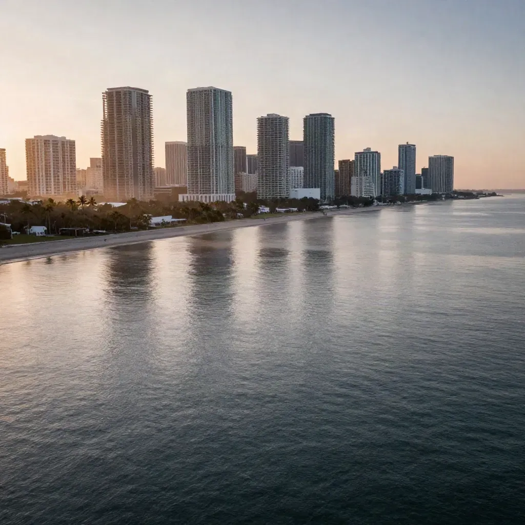 Miami skyline over calm bay water at golden sunrise haze, palms and open copy space