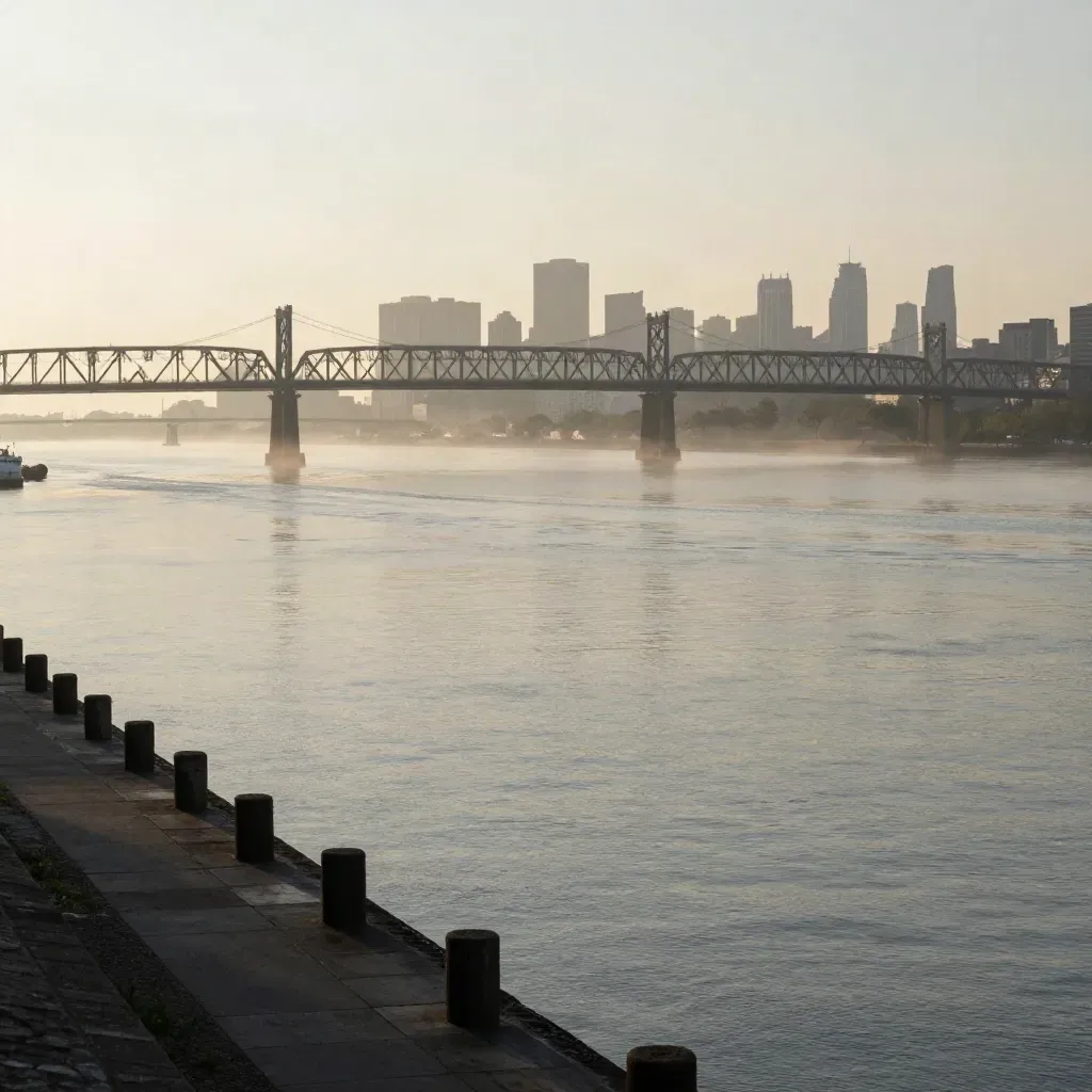 Hazy riverfront skyline with bridge silhouettes above calm water
