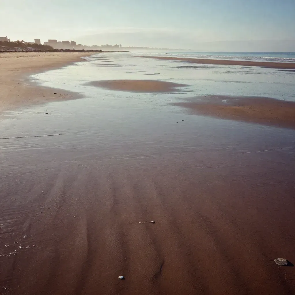 Low-tide Gulf Coast shoreline with reflective wet sand and a distant city edge in warm haze